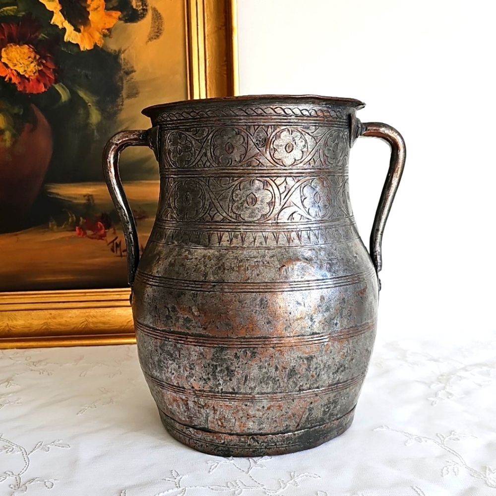 Antique Hand-Etched Tinned Copper Alloy Vessel 19th Century Middle Eastern
